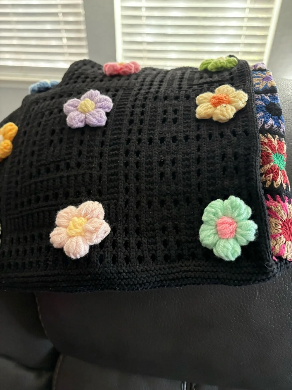 Black Crochet Shoulder Bag with Multicolor Flower Appliqués